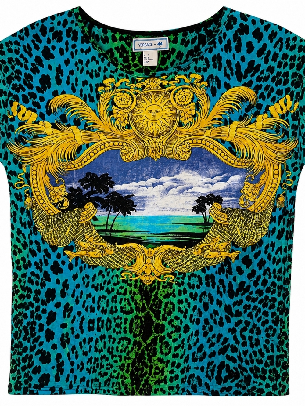 Versace Turquoise, Yellow & Black Baroque Beach Tee T-shirt Top